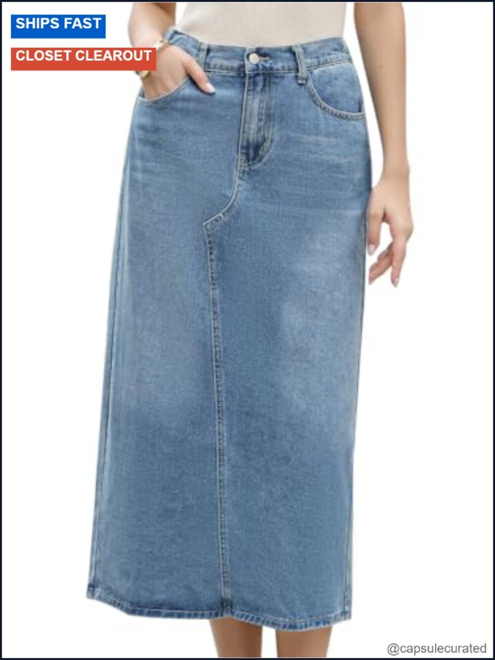 Long Denim Maxi Skirt with Back Slit, High Waist, Elastic Back, Western Style